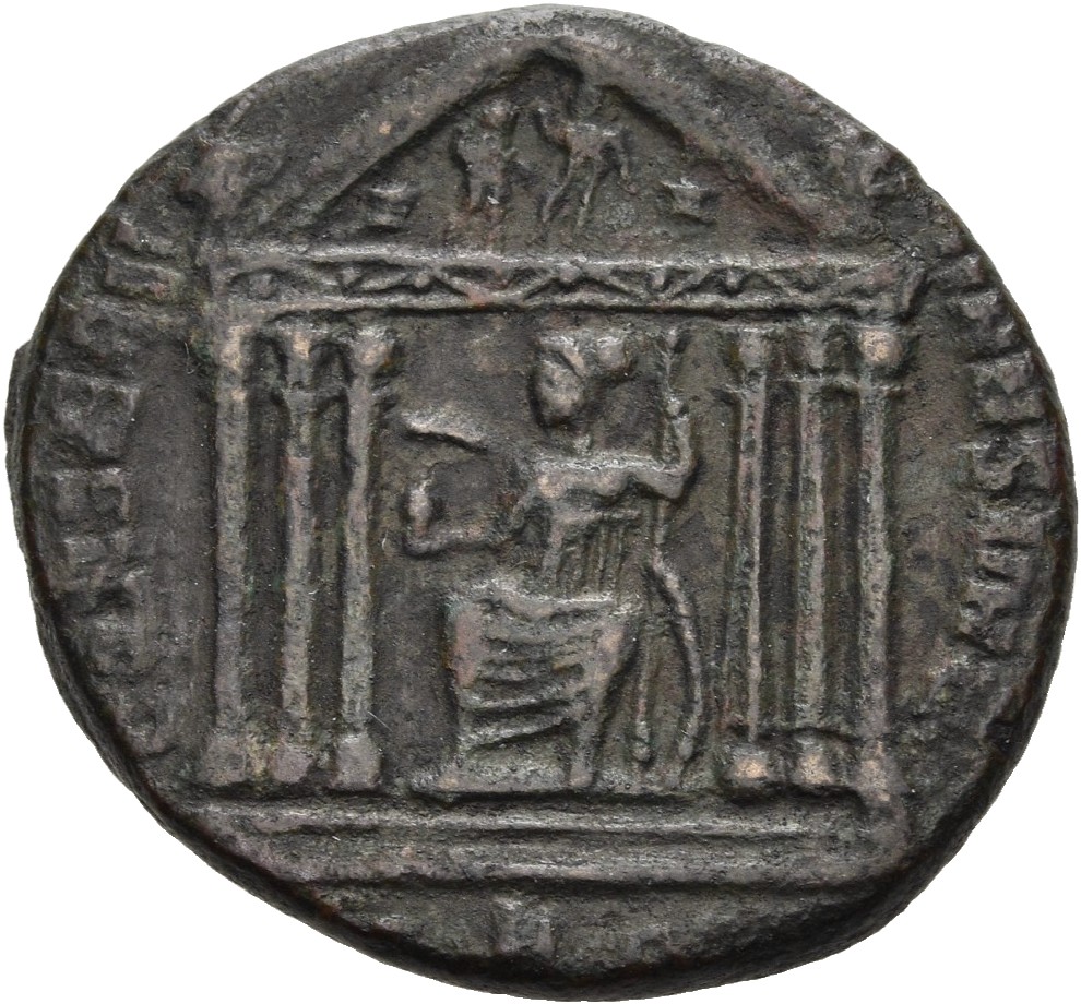 RIC VI Rome 208 Maxentius reverse, Roma, helmeted, draped, seated front, head left, seated front in hexastyle temple, hold...