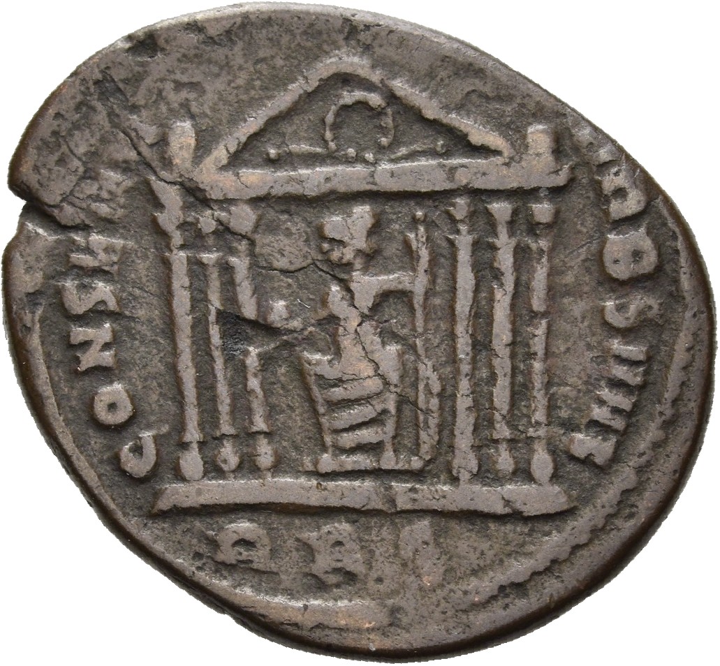 RIC VI Rome 210 Maxentius reverse, Roma, helmeted, draped, seated front, head left, seated front in hexastyle temple, hold...