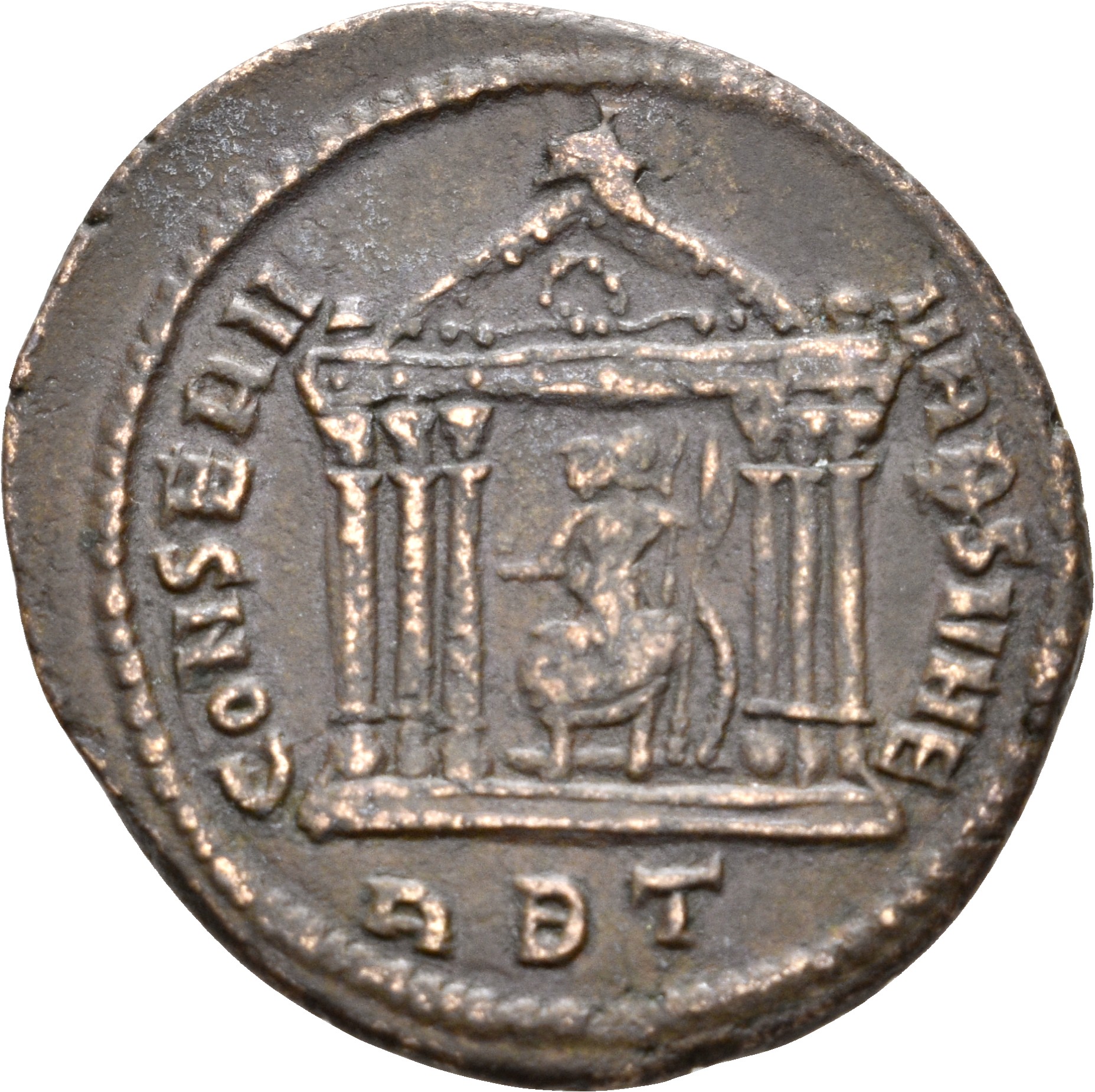 RIC VI Rome 210 Maxentius reverse — Roma, helmeted, draped, seated front, head left, seated front in hexastyle temple, hol...