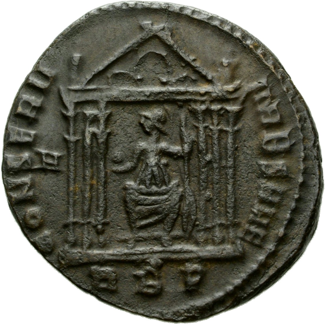 RIC VI Rome 212 Maxentius reverse, Roma, helmeted, draped, seated front, head left, seated front in hexastyle temple, hold...