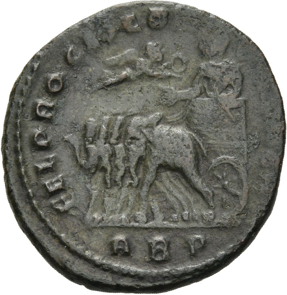 RIC VI Rome 215 Maxentius reverse, Maxentius, draped, standing left in quadriga of elephants, raising right hand; above, V...