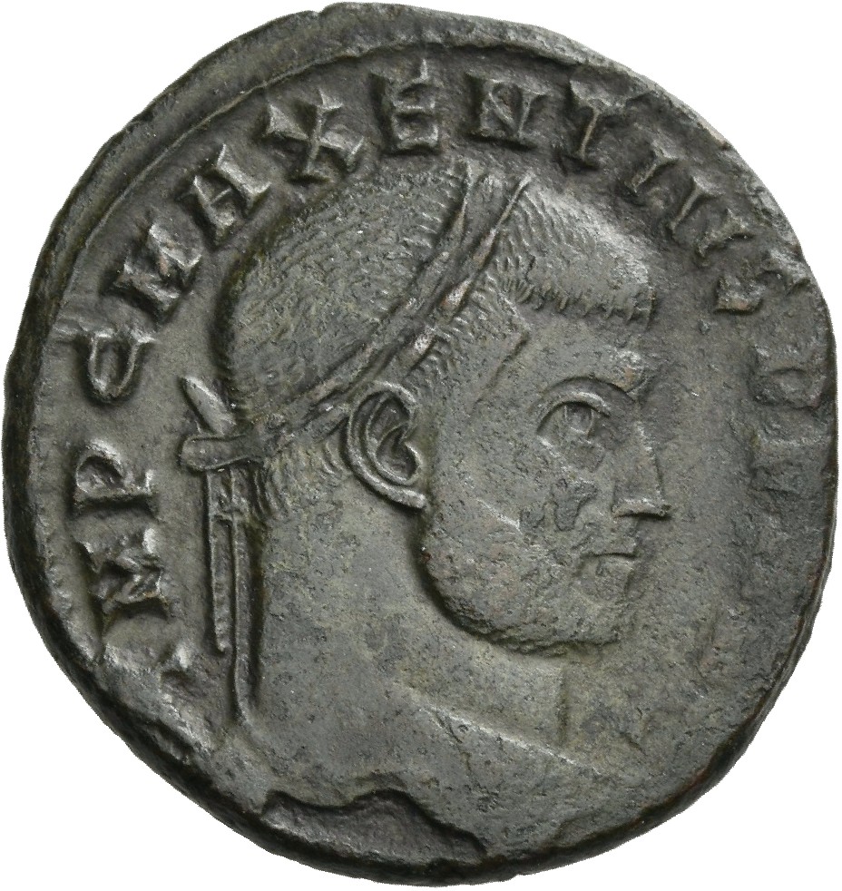 RIC VI Rome 215 Maxentius obverse, Head of Maxentius, laureate, right
