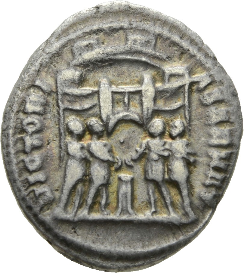 RIC VI Rome 22b Maximian reverse, Diocletian, Maximian, Constantius Chlorus, and Galerius, draped, sacrificing over tripod...