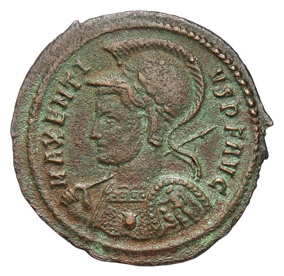 RIC VI Rome 232 Maxentius obverse, Bust of Maxentius, helmeted, cuirassed, left, holding spear over right shoulder and shi...
