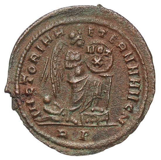 RIC VI Rome 232 Maxentius reverse, Victory, winged, draped, standing right, inscribing VOT/X on shield supported by pillar...