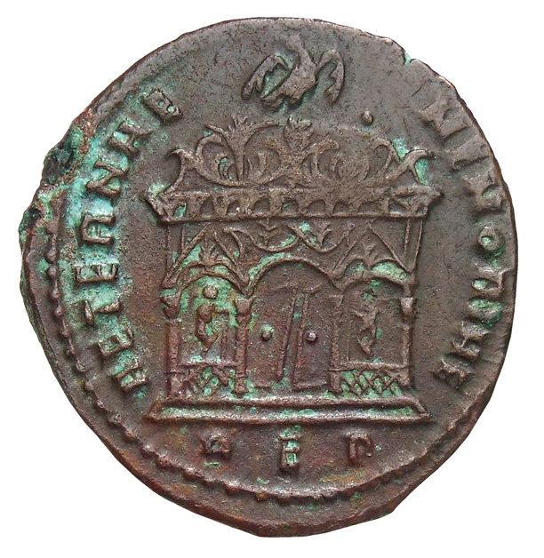 RIC VI Rome 249 Maxentius reverse, Eagle, wings spread, standing right on domed tetrastyle shrine, doors ajar; doors may b...