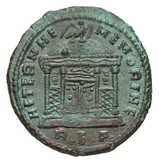 RIC VI Rome 249 Maxentius reverse — Eagle, wings spread, standing right on domed tetrastyle shrine, doors ajar; doors may ...