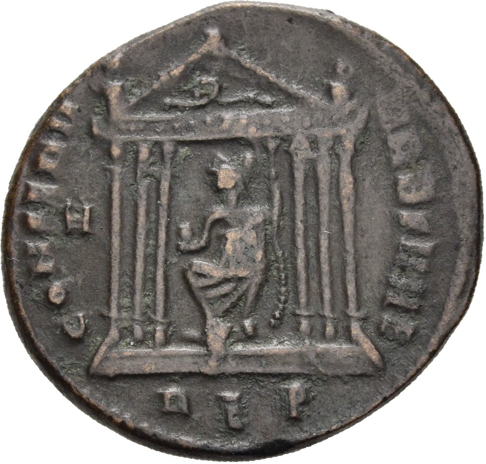 RIC VI Rome 258 Maxentius reverse, Roma, helmeted, draped, seated front, head left, seated front in hexastyle temple, hold...