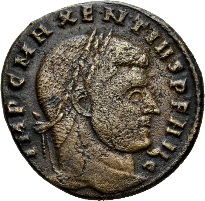 RIC VI Rome 258 Maxentius obverse — Head of Maxentius, laureate, right