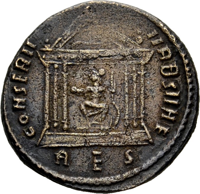 RIC VI Rome 258 Maxentius reverse — Roma, helmeted, draped, seated front, head left, seated front in hexastyle temple, hol...