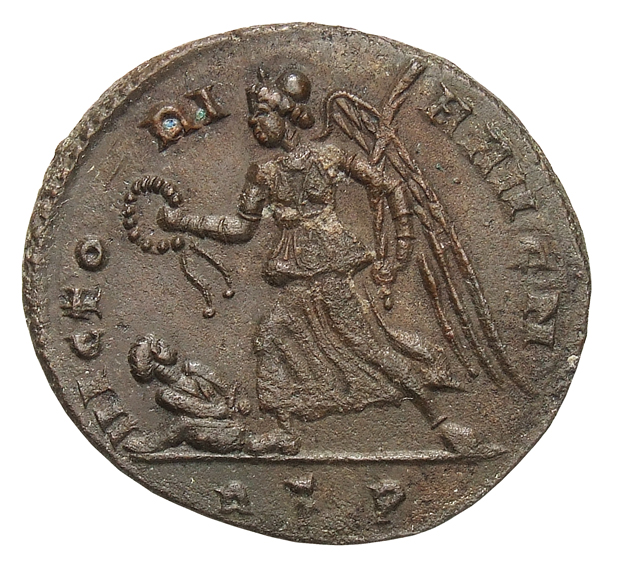 RIC VI Rome 273 Maxentius reverse, Victory, winged, draped, advancing left, holding wreath in right hand and palm in left ...