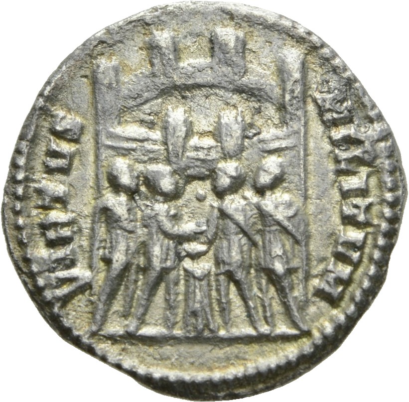 RIC VI Rome 27a Maximian reverse, Diocletian, Maximian, Constantius Chlorus, and Galerius, draped, sacrificing over tripod...