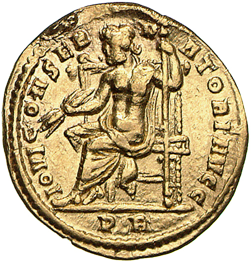 RIC VI Rome 282 Constantine I reverse, Jupiter, nude to waist, seated left on throne, holding thunderbolt in right hand an...