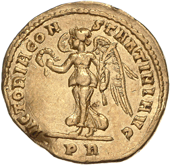 RIC VI Rome 286 Constantine I reverse, Victory, winged, draped, advancing left, holding wreath in right hand and palm in l...