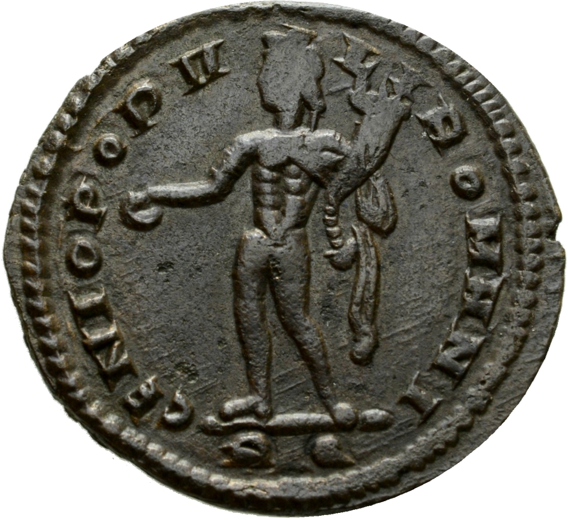 Constantine I reverse — Genius, wearing modius, nude, chlamys draped over left shoulder, standing left, holding patera in right hand and cornucopiae in left hand