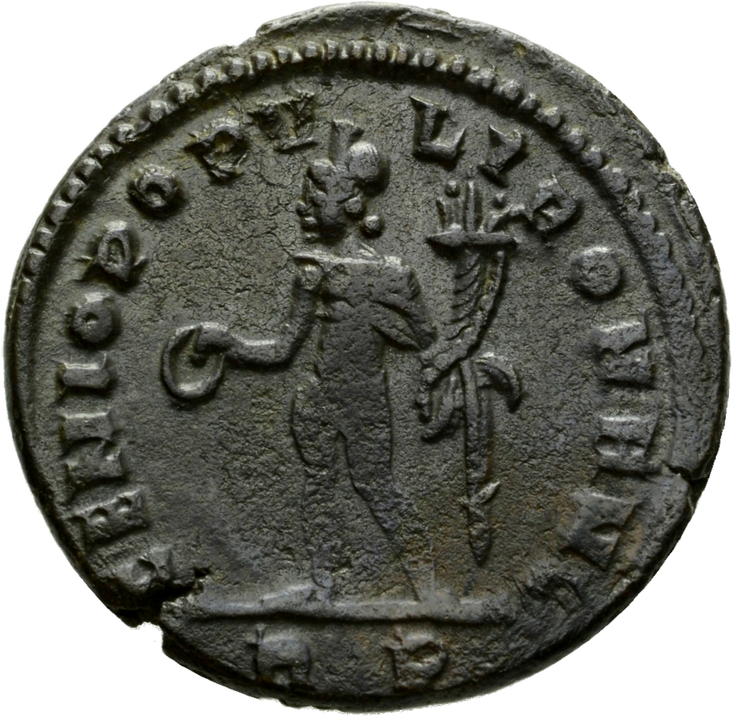 RIC VI Rome 295b Constantine I reverse, Genius, wearing modius, nude, chlamys draped over left shoulder, standing left, ho...