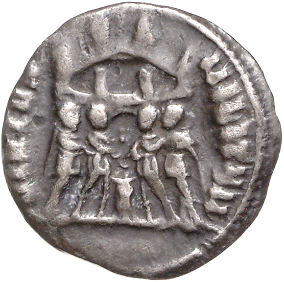 RIC VI Rome 29b Maximian reverse, Diocletian, Maximian, Constantius Chlorus, and Galerius, draped, sacrificing over tripod...