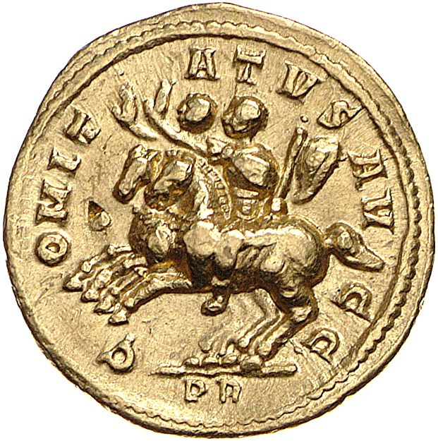 RIC VI Rome 3 Maximian reverse, Diocletian and Maximian, draped, cuirassed, riding left, raising right hands, the nearer h...