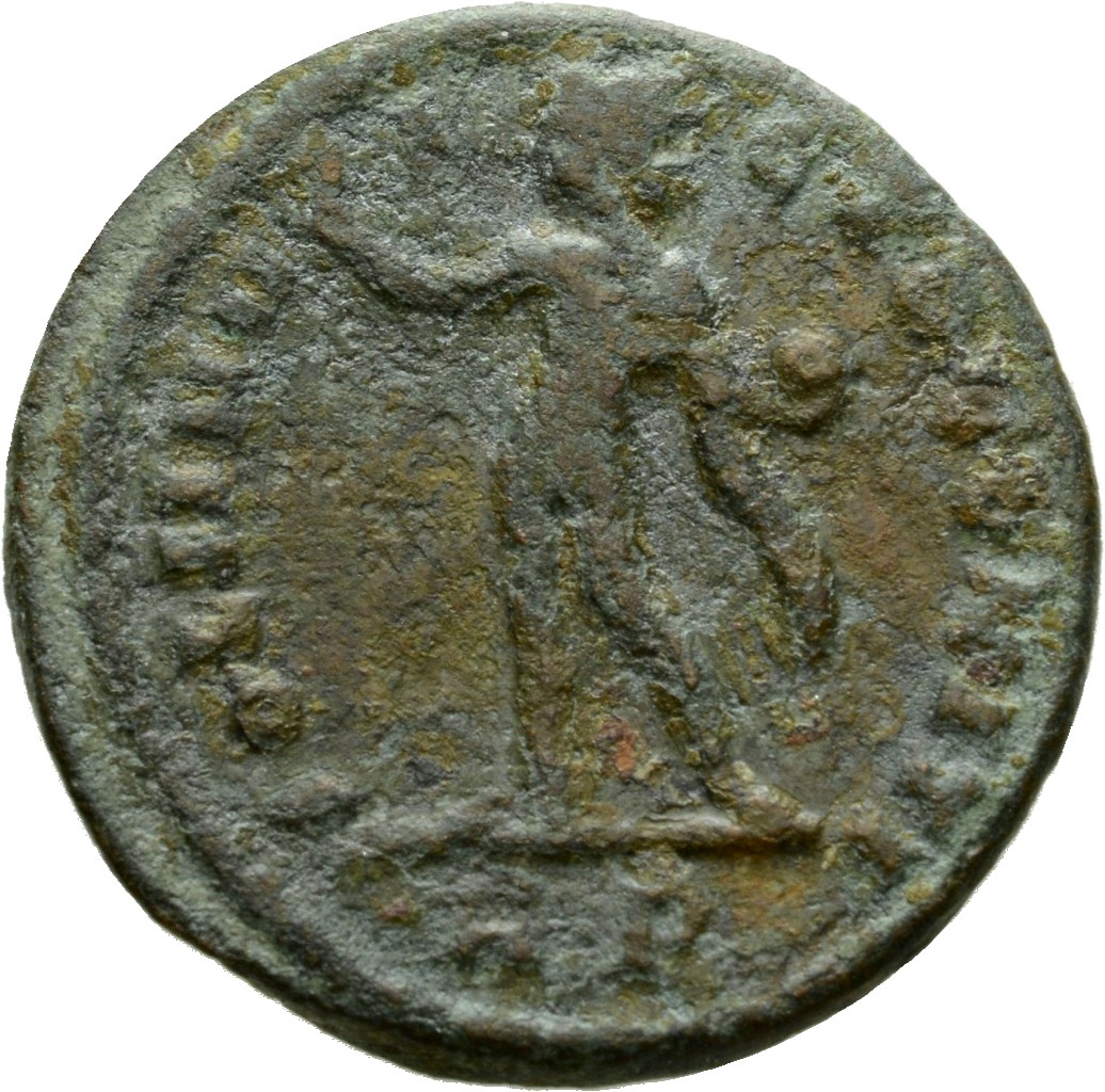 RIC VI Rome 319 Constantine I reverse, Sol, chlamys hanging behind, standing left, raising right hand and holding up globe...