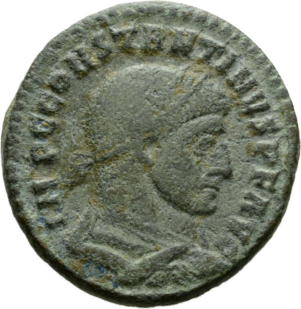 Constantine I obverse — Bust of Constantine I, laureate, draped, cuirassed, right, seen from behind