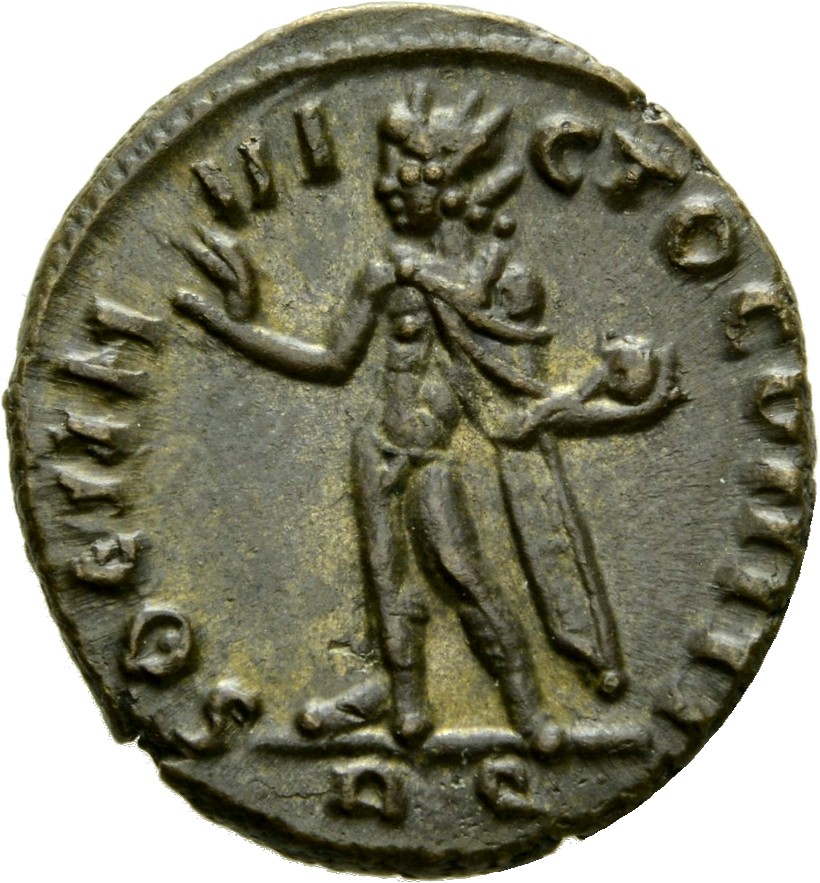 Constantine I reverse — Sol, chlamys hanging behind, standing left, raising right hand and holding up globe in left hand