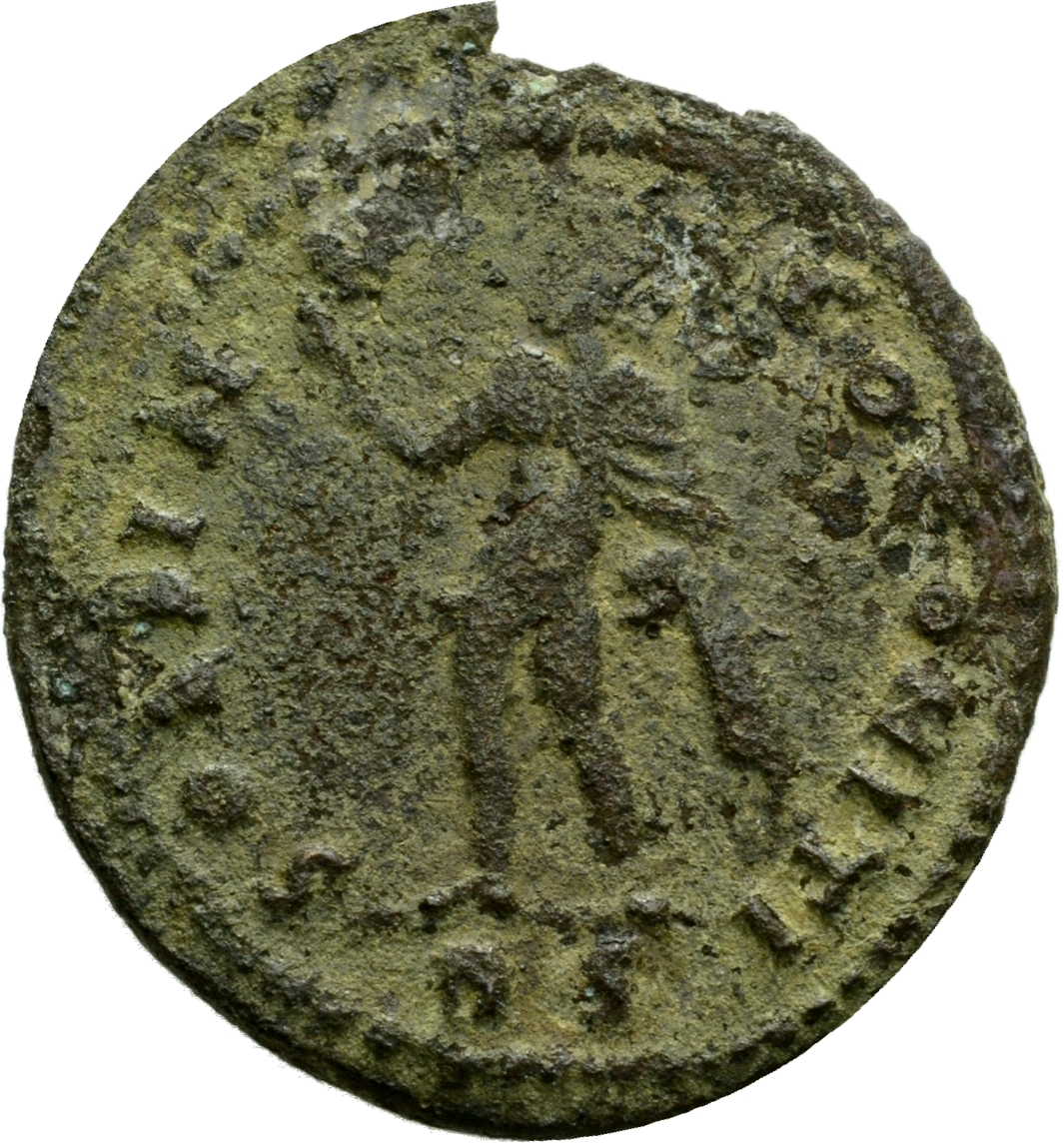 RIC VI Rome 325 Constantine I reverse, Sol, chlamys hanging behind, standing left, raising right hand and holding globe cl...
