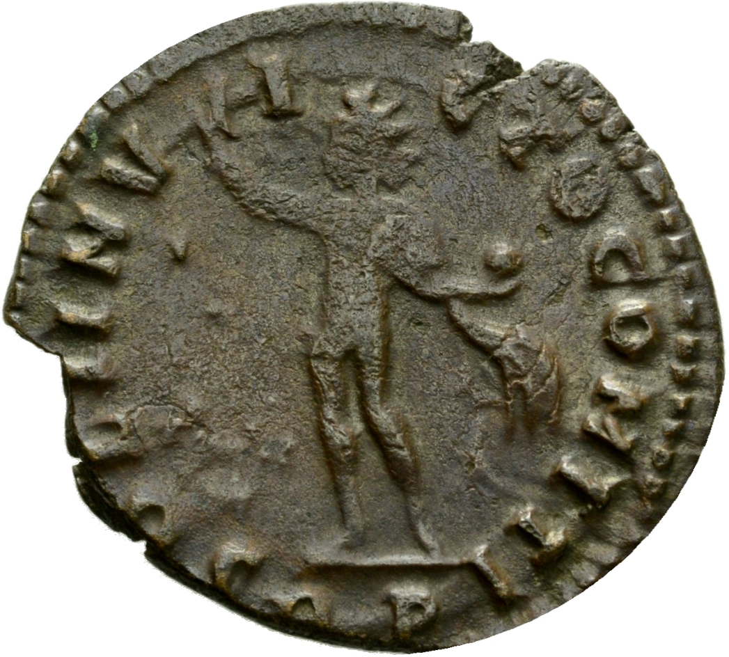 Constantine I reverse — Sol, chlamys hanging behind (sometimes flying out), standing right, raising right hand and holding up globe in left hand