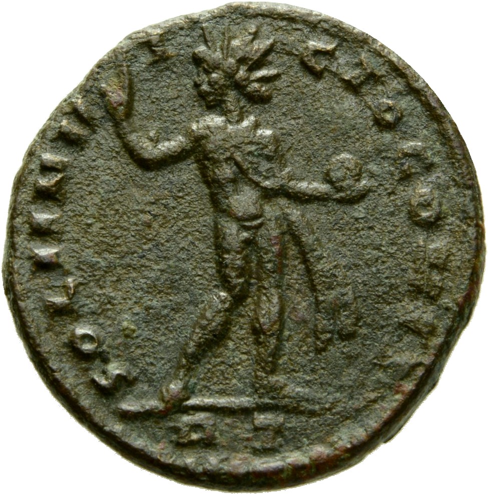 RIC VI Rome 337b Constantine I reverse, Sol, chlamys hanging behind (sometimes flying out), standing right, raising right ...