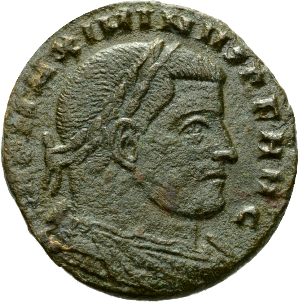 RIC VI Rome 337b Constantine I obverse, Bust of Maximinus Daia, laureate, draped, cuirassed, right