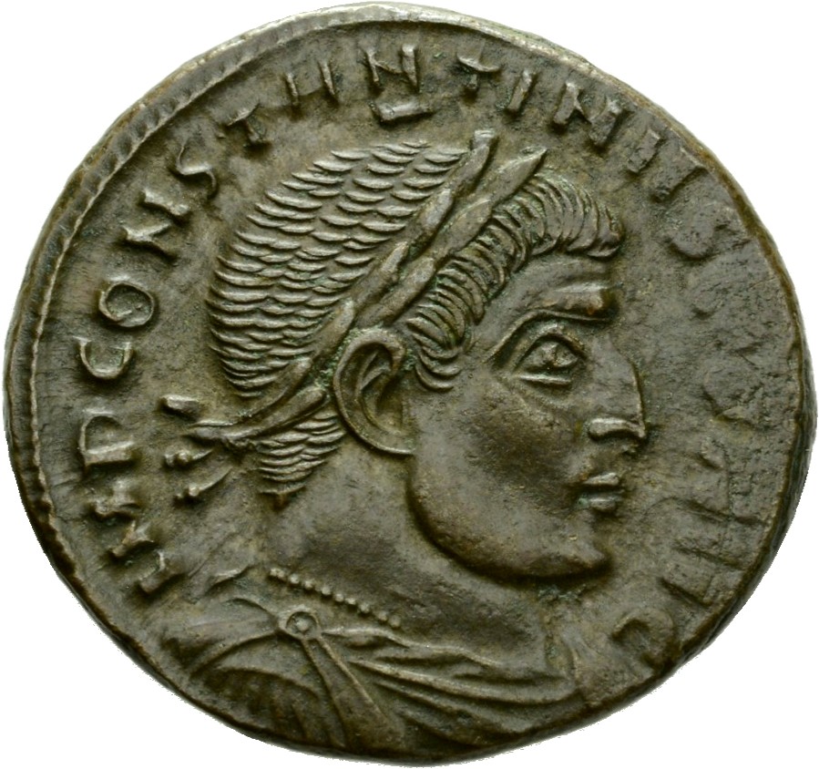 Constantine I obverse — Bust of Constantine I, laureate, draped, cuirassed, right