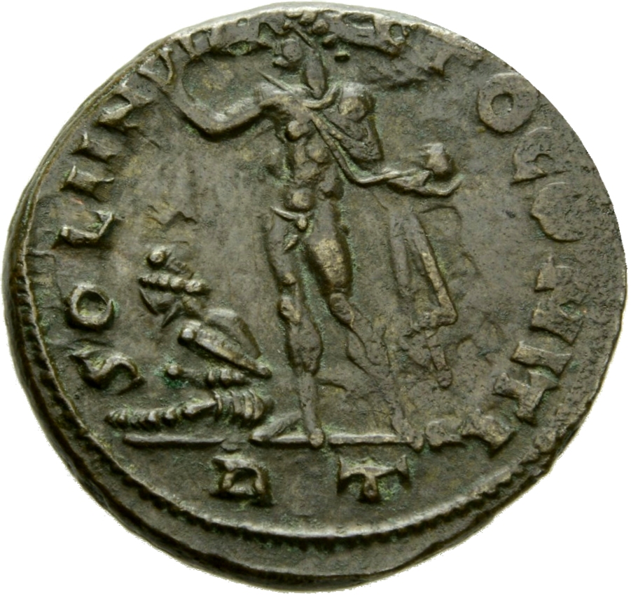Constantine I reverse — Sol, chlamys hanging behind, standing left, raising right hand and holding up globe in left hand; to left, seated captive