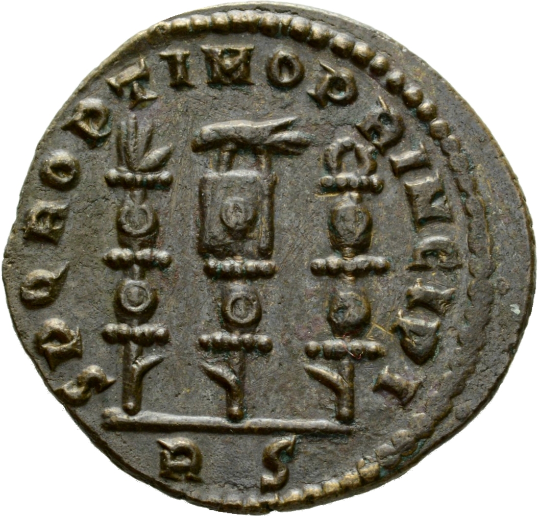 RIC VI Rome 350a Constantine I reverse, Legionary eagle, standing front or right, between two vexilla