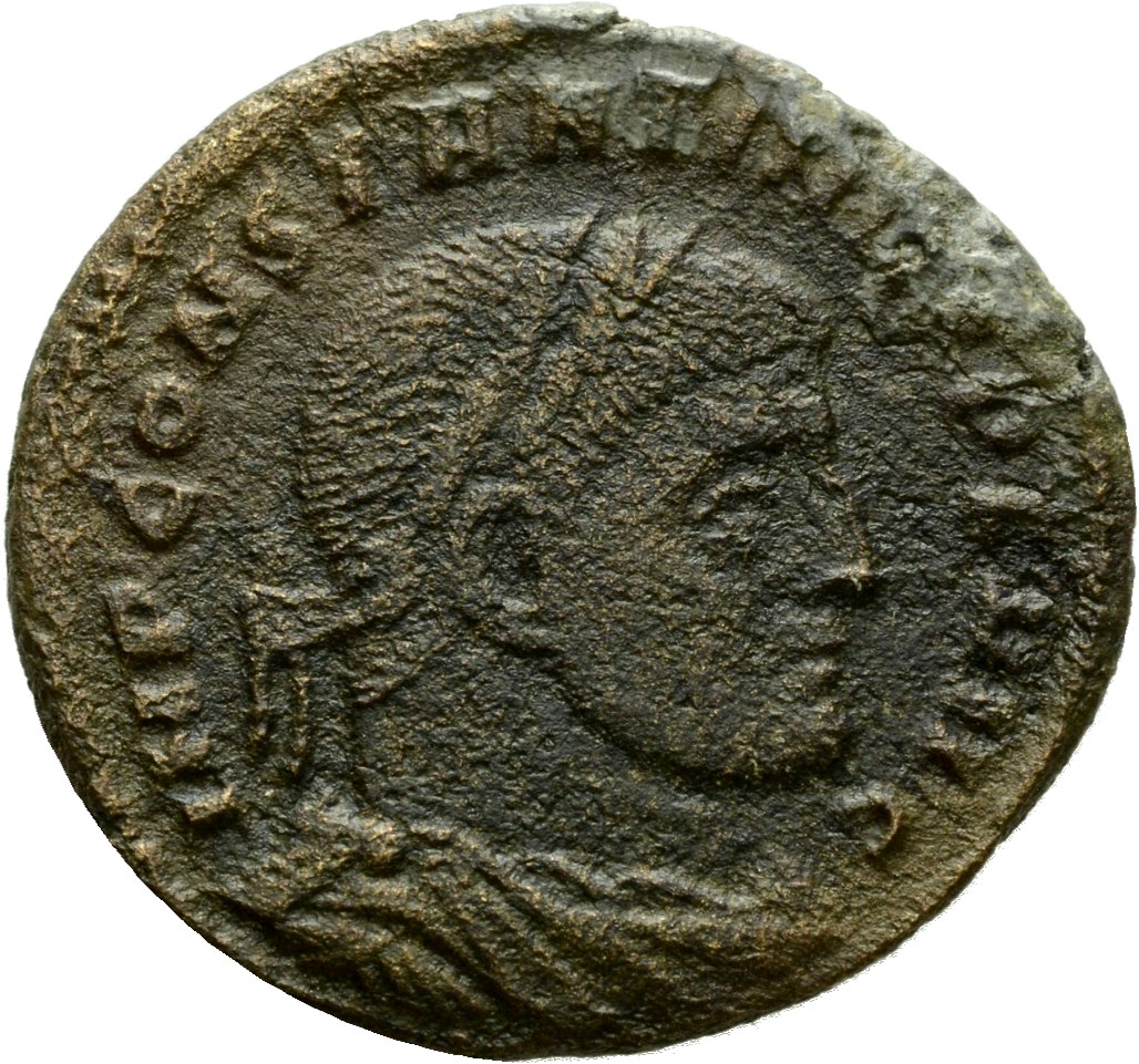 Constantine I obverse — Bust of Constantine I, laureate, draped, cuirassed, right