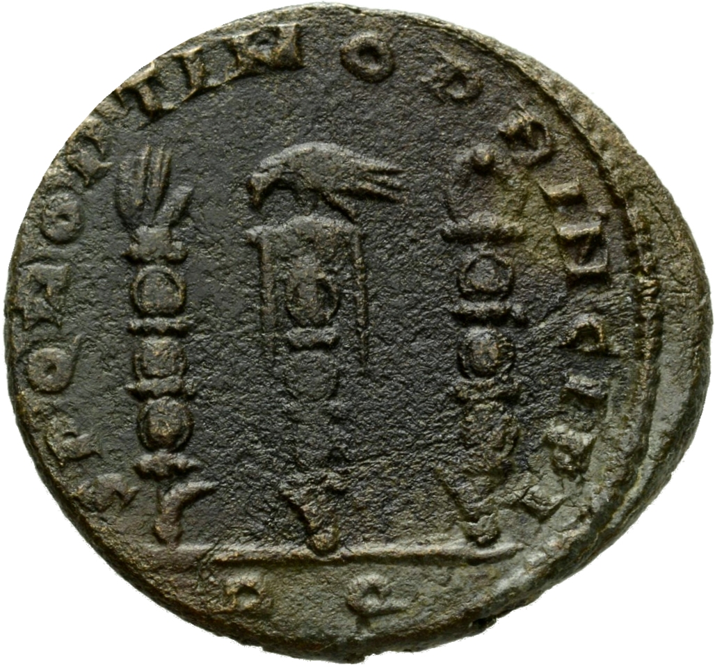Constantine I reverse — Legionary eagle, standing front or right, between two vexilla