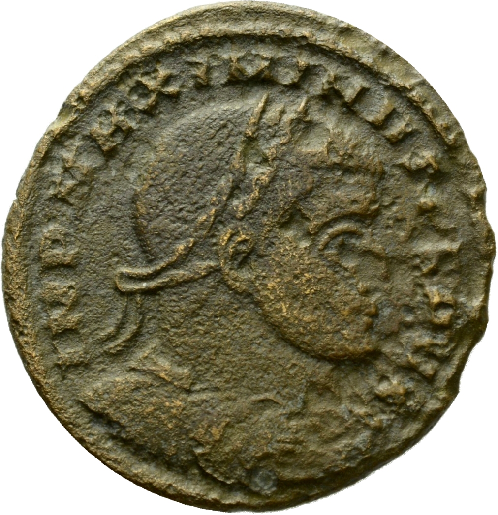 RIC VI Rome 350b Constantine I obverse, Bust of Maximinus Daia, laureate, draped, cuirassed, right