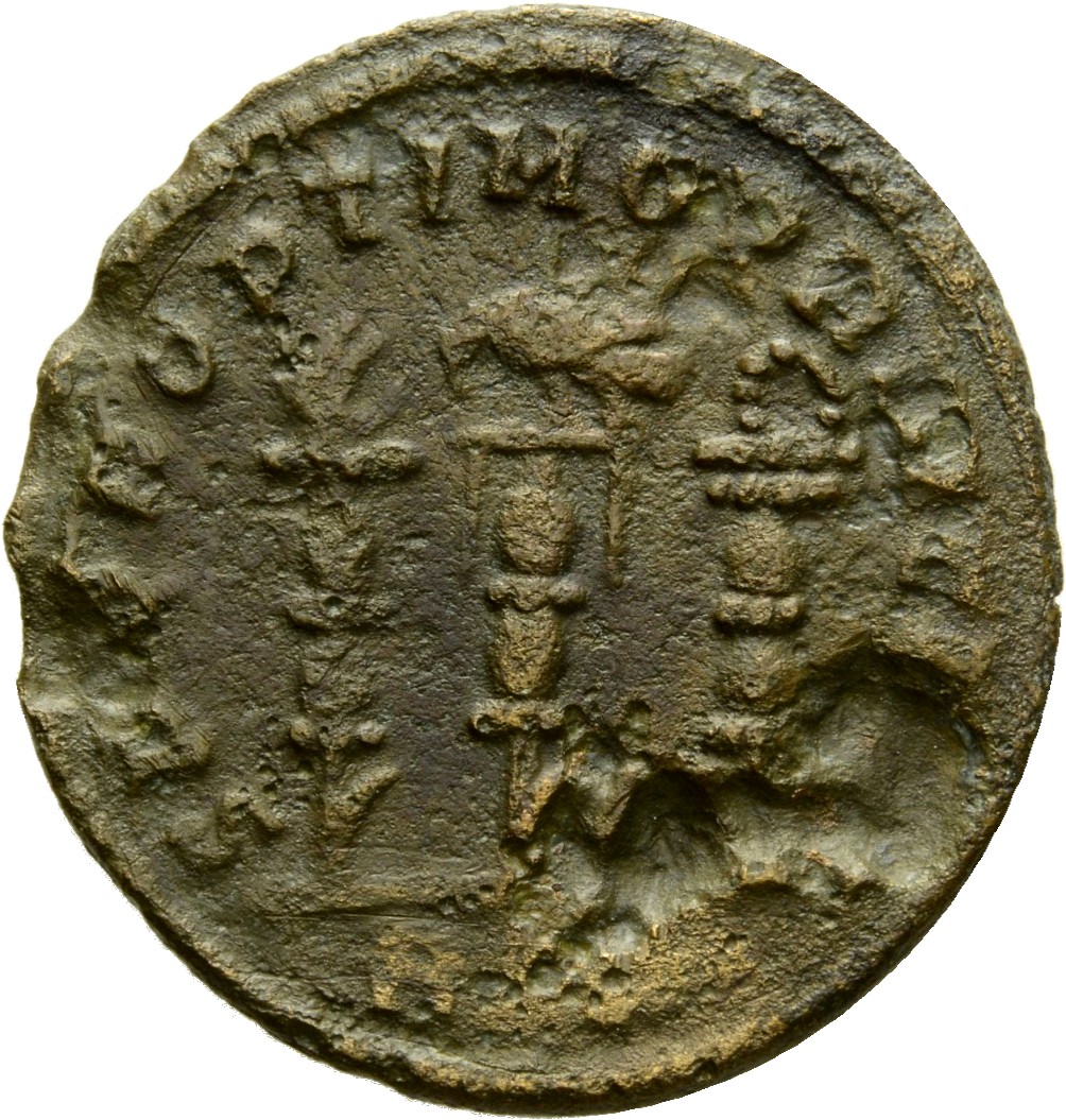 RIC VI Rome 350b Constantine I reverse, Legionary eagle, standing front or right, between two vexilla