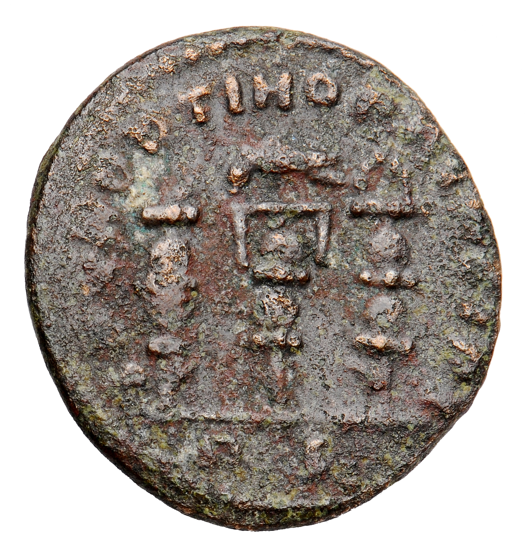RIC VI Rome 350b Constantine I reverse, Legionary eagle, standing front or right, between two vexilla