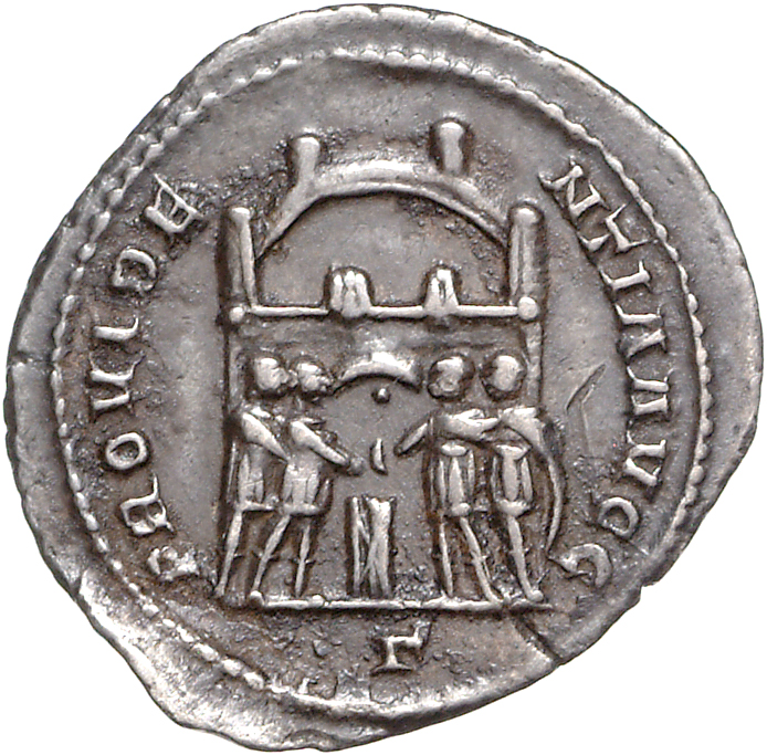RIC VI Rome 35b Maximian reverse, Diocletian, Maximian, Constantius Chlorus, and Galerius, draped, sacrificing over tripod...