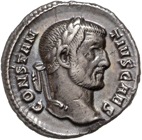 RIC VI Rome 38a Maximian obverse, Head of Constantius Chlorus, laureate, right