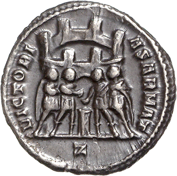 RIC VI Rome 38a Maximian reverse, Diocletian, Maximian, Constantius Chlorus, and Galerius, draped, sacrificing over tripod...