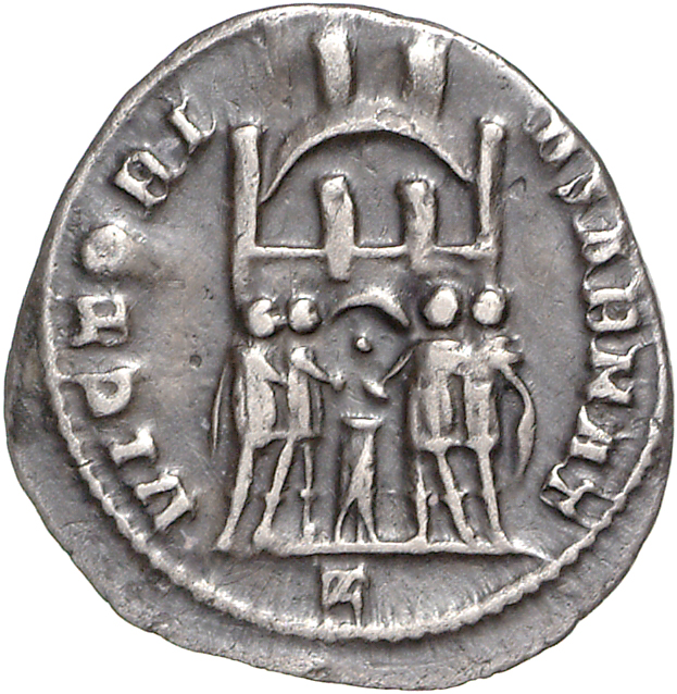 RIC VI Rome 38b Maximian reverse, Diocletian, Maximian, Constantius Chlorus, and Galerius, draped, sacrificing over tripod...