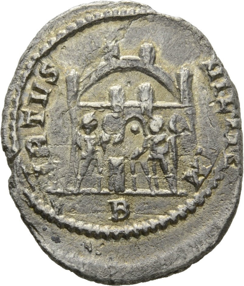 RIC VI Rome 40a Maximian reverse, Diocletian, Maximian, Constantius Chlorus, and Galerius, draped, sacrificing over tripod...