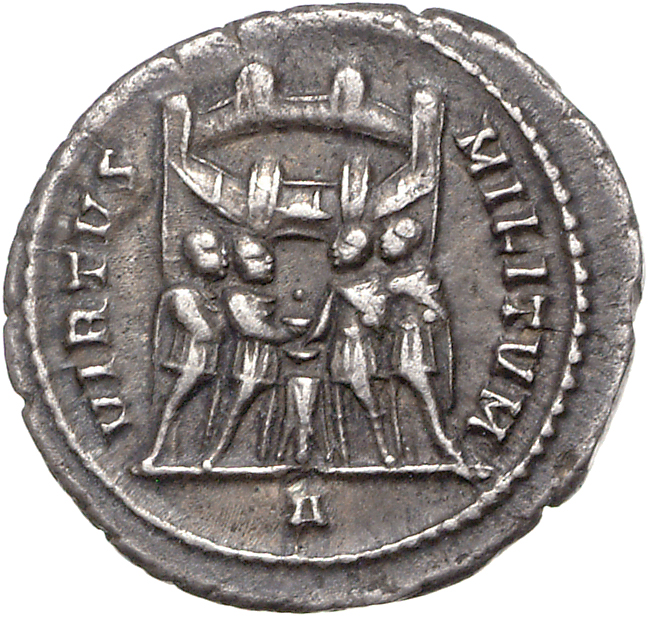 RIC VI Rome 40b Maximian reverse, Diocletian, Maximian, Constantius Chlorus, and Galerius, draped, sacrificing over tripod...