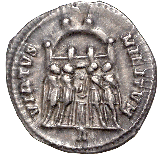 RIC VI Rome 40b Maximian reverse — Diocletian, Maximian, Constantius Chlorus, and Galerius, draped, sacrificing over tripo...