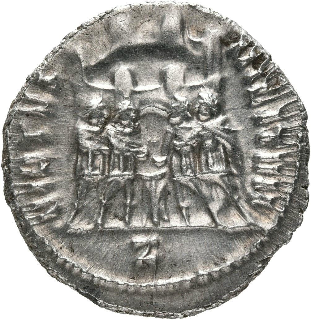 RIC VI Rome 42a Maximian reverse, Diocletian, Maximian, Constantius Chlorus, and Galerius, draped, sacrificing over tripod...