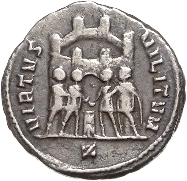 RIC VI Rome 42a Maximian reverse — Diocletian, Maximian, Constantius Chlorus, and Galerius, draped, sacrificing over tripo...