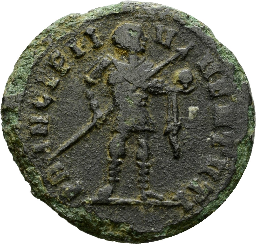 RIC VI Rome 57b Maximian reverse, Galerius, draped, cuirassed, standing right, holding transverse spear in right hand and ...