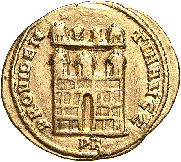 RIC VI Rome 5a Maximian reverse, Camp gate, doors open, three turrets in front; behind, two small turrets between two towers