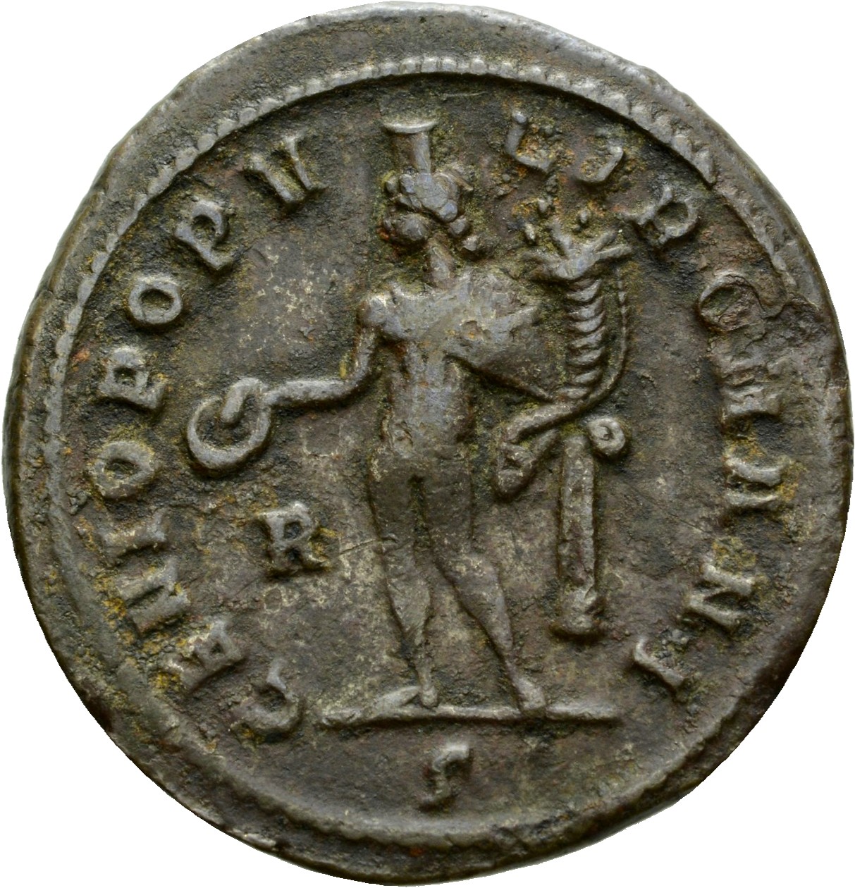 RIC VI Rome 63 Maximian reverse, Genius, wearing modius, nude, chlamys draped over left shoulder, standing left, holding p...