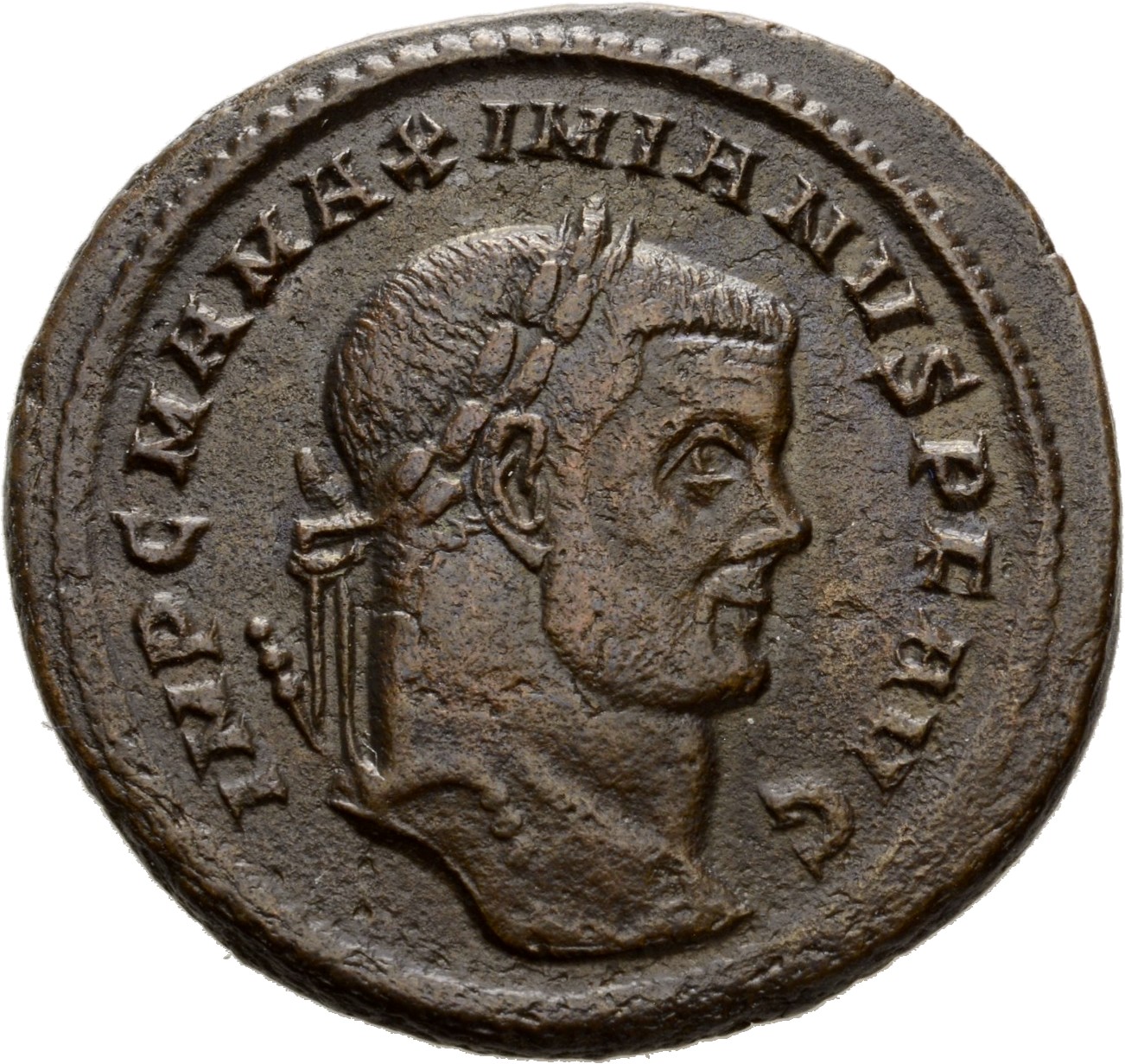 RIC VI Rome 63 Maximian obverse, Head of Maximian, laureate, right